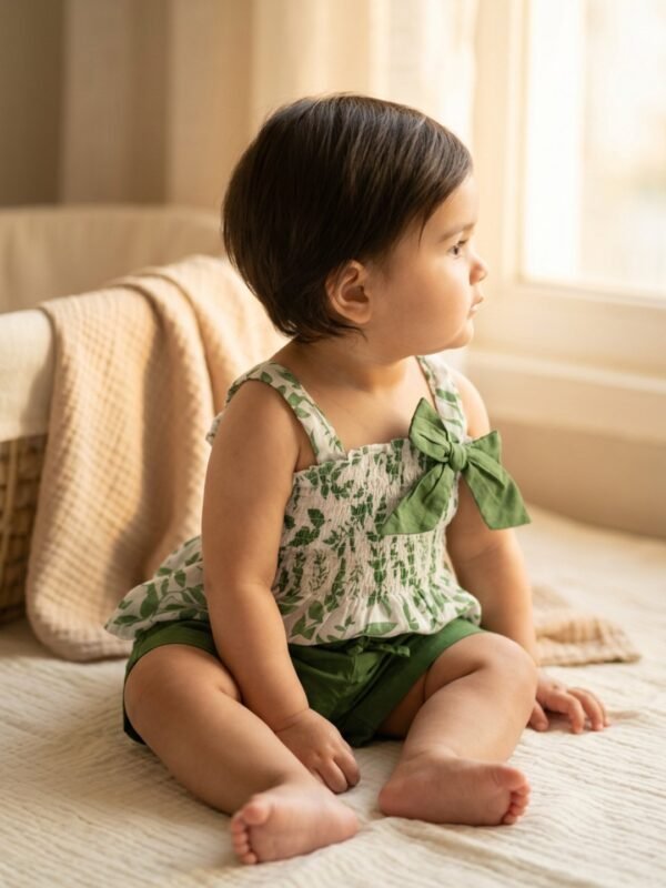 Girls  Organic Cotton Cambric Sleevless Leaf Print Top & Shorts Set - Green - Image 2