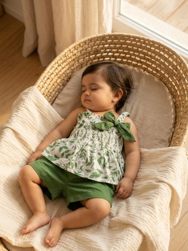 Girls  Organic Cotton Cambric Sleevless Leaf Print Top & Shorts Set - Green - Image 4