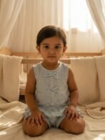 Girls Organic Cotton Seer Sucker Sleevless Striped Top & Shorts Set - Blue