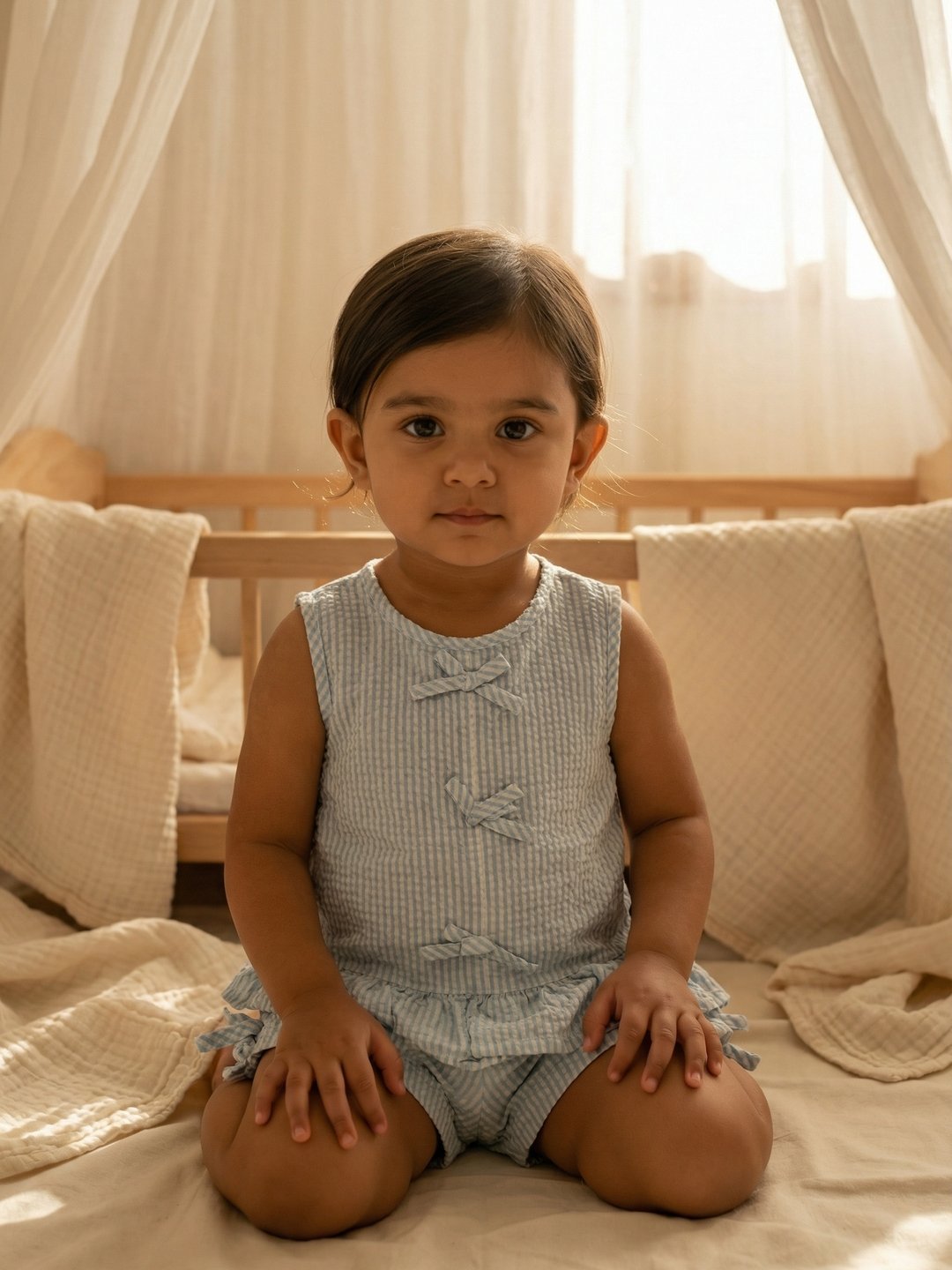 P-165_A.jpg Girls Organic Cotton Seer Sucker Sleevless Striped Top & Shorts Set - Blue - Image 1