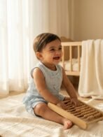 Girls Organic Cotton Seer Sucker Sleevless Striped Top & Shorts Set - Blue - Image 2