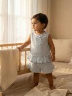 Girls Organic Cotton Seer Sucker Sleevless Striped Top & Shorts Set - Blue - Image 3