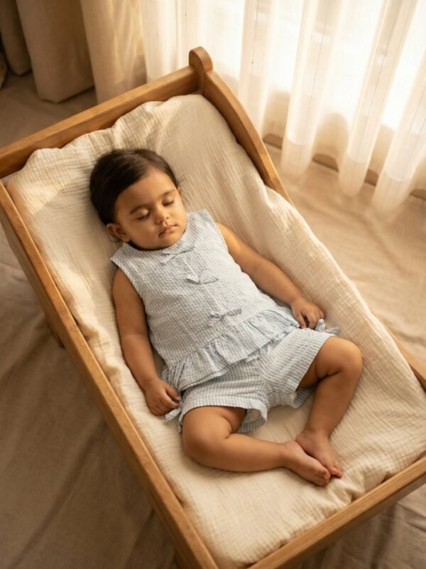 Girls Organic Cotton Seer Sucker Sleevless Striped Top & Shorts Set - Blue - Image 4