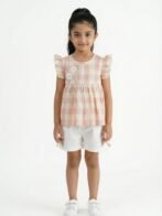 Girls Organic Cotton Checks Sleevless Flowers Applique Top & Shorts Set - Pink