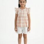 Girls Organic Cotton Checks Sleevless Flowers Applique Top & Shorts Set - Pink