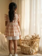 Girls Organic Cotton Checks Sleevless Flowers Applique Top & Shorts Set - Pink - Image 2