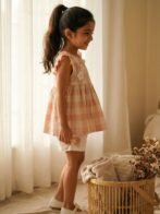 Girls Organic Cotton Checks Sleevless Flowers Applique Top & Shorts Set - Pink - Image 3