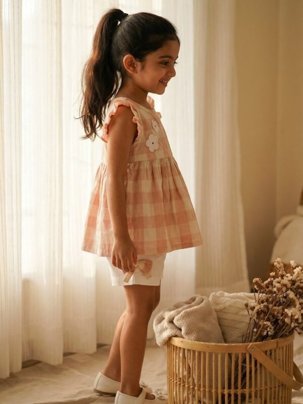 Girls Organic Cotton Checks Sleevless Flowers Applique Top & Shorts Set - Pink - Image 3