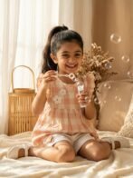 Girls Organic Cotton Checks Sleevless Flowers Applique Top & Shorts Set - Pink - Image 4