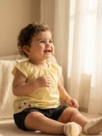 Girls Organic Cotton Poplin Sleevless Flowers Applique Raglon Top & Bloomer Set - Yellow