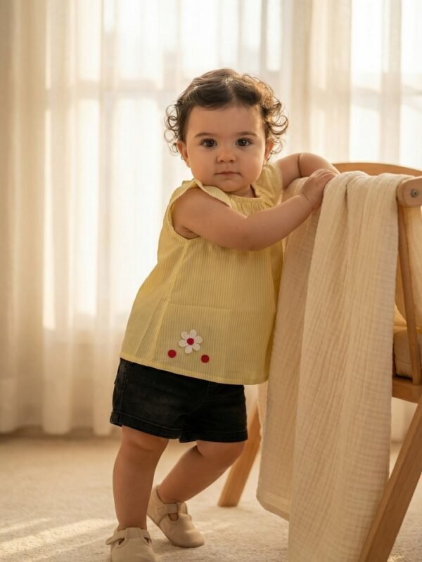 Girls Organic Cotton Poplin Sleevless Flowers Applique Raglon Top & Bloomer Set - Yellow - Image 2