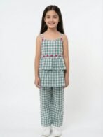 Girls Organic Cotton Checks Sleevless Flowers Applique Strap Top &  Pant Set - Blue