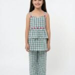 Girls Organic Cotton Checks Sleevless Flowers Applique Strap Top &  Pant Set - Blue