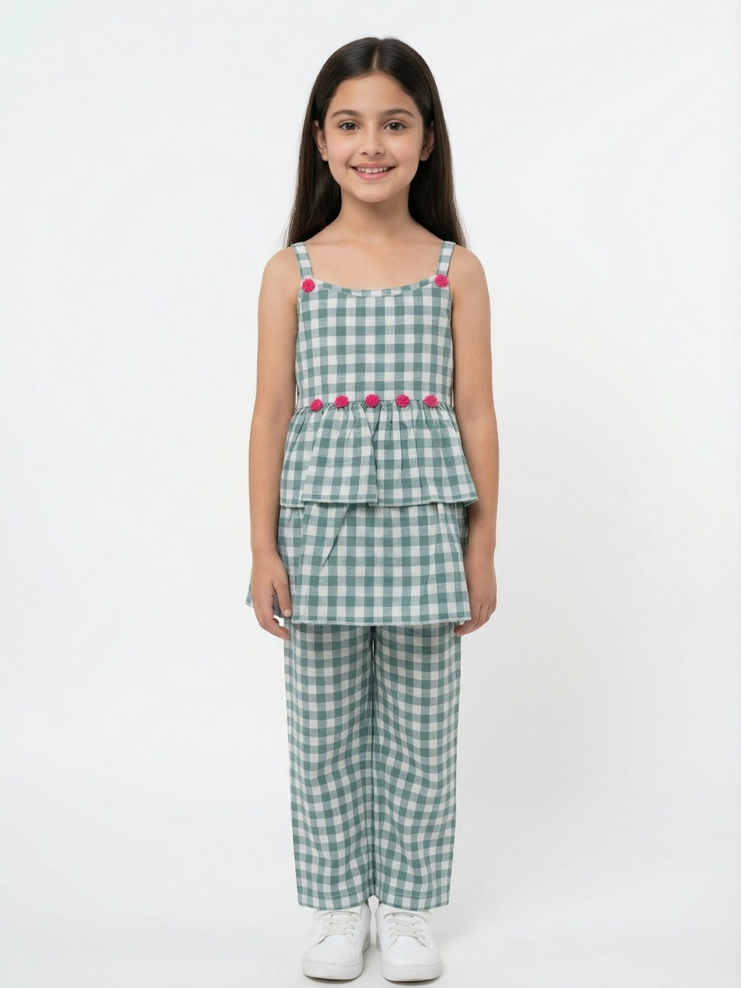 P-168_A.jpg Girls Organic Cotton Checks Sleevless Flowers Applique Strap Top & Pant Set - Blue - Image 1