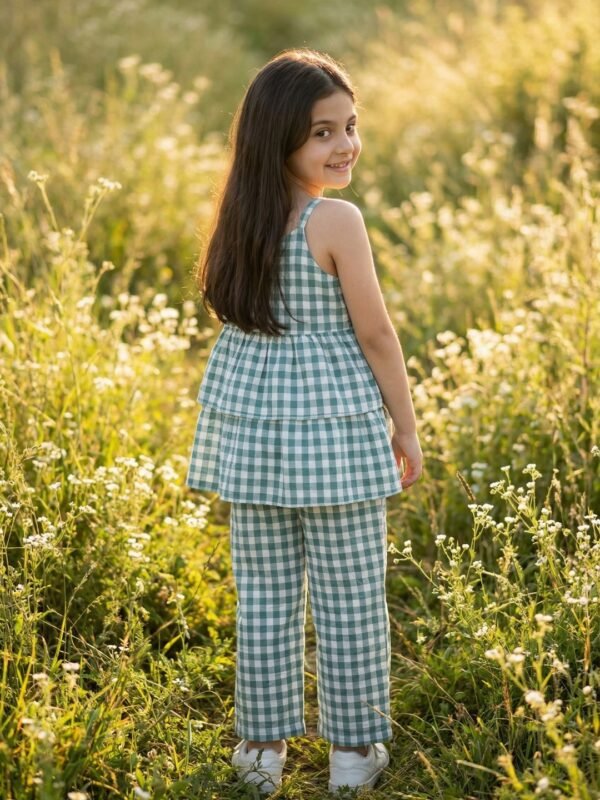 Girls Organic Cotton Checks Sleevless Flowers Applique Strap Top &  Pant Set - Blue - Image 2