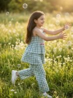 Girls Organic Cotton Checks Sleevless Flowers Applique Strap Top &  Pant Set - Blue - Image 4