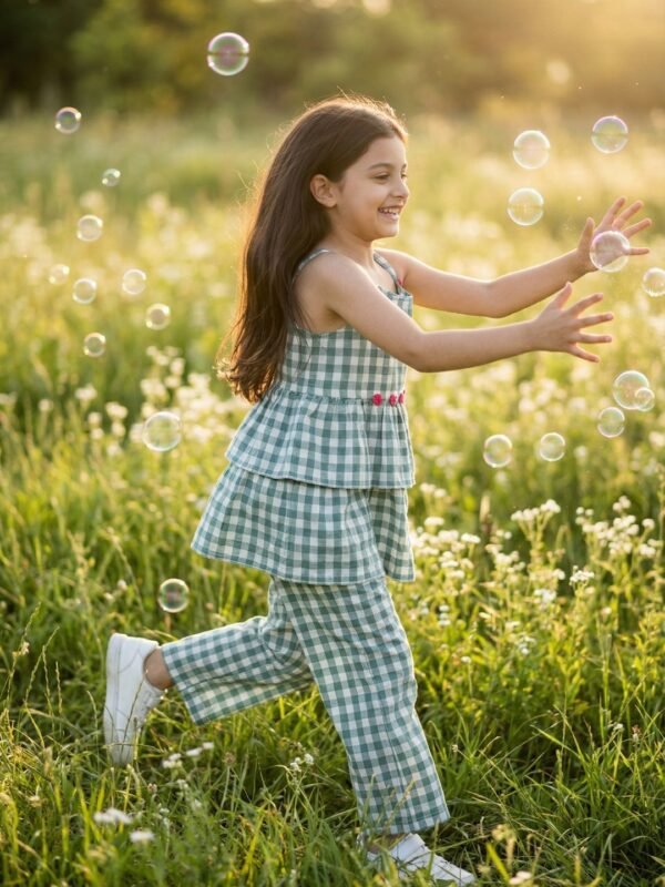 Girls Organic Cotton Checks Sleevless Flowers Applique Strap Top &  Pant Set - Blue - Image 4