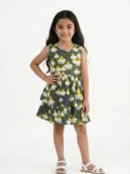 Girls Organic Cotton Poplin Sleevless Flower All Over Print Dress - Navy