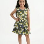 Girls Organic Cotton Poplin Sleevless Flower All Over Print Dress - Navy