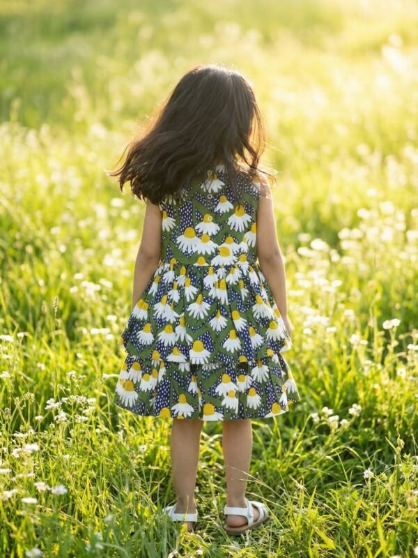 Girls Organic Cotton Poplin Sleevless Flower All Over Print Dress - Navy - Image 2