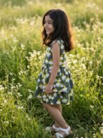 Girls Organic Cotton Poplin Sleevless Flower All Over Print Dress - Navy - Image 3