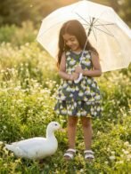 Girls Organic Cotton Poplin Sleevless Flower All Over Print Dress - Navy - Image 4