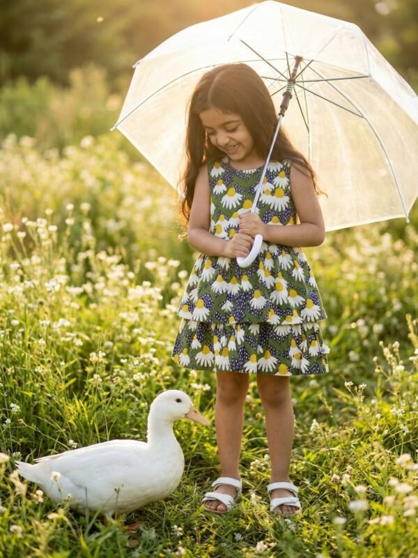 Girls Organic Cotton Poplin Sleevless Flower All Over Print Dress - Navy - Image 4