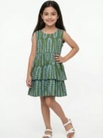 Girls Organic Cotton Poplin Sleevless All Over Print Dress - Green