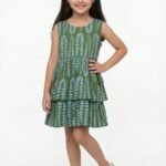 Girls Organic Cotton Poplin Sleevless All Over Print Dress - Green