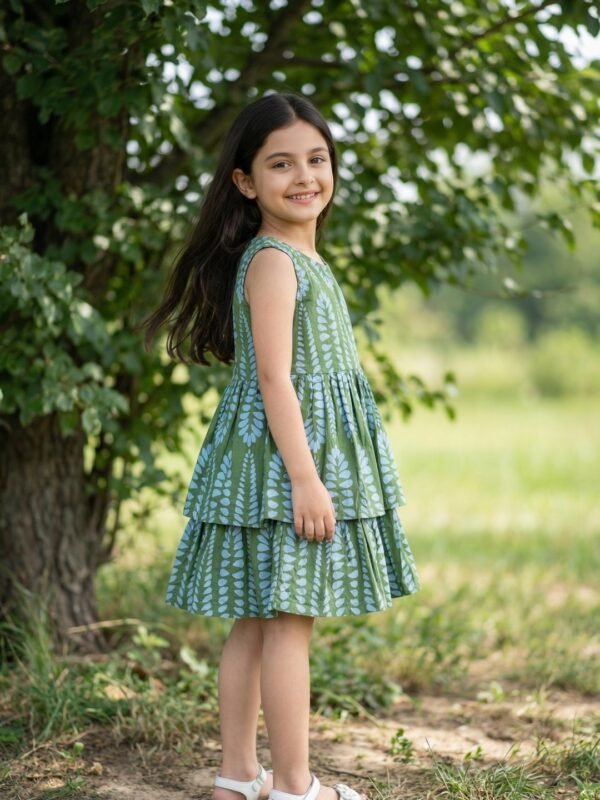 Girls Organic Cotton Poplin Sleevless All Over Print Dress - Green - Image 3