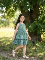 Girls Organic Cotton Poplin Sleevless All Over Print Dress - Green - Image 4