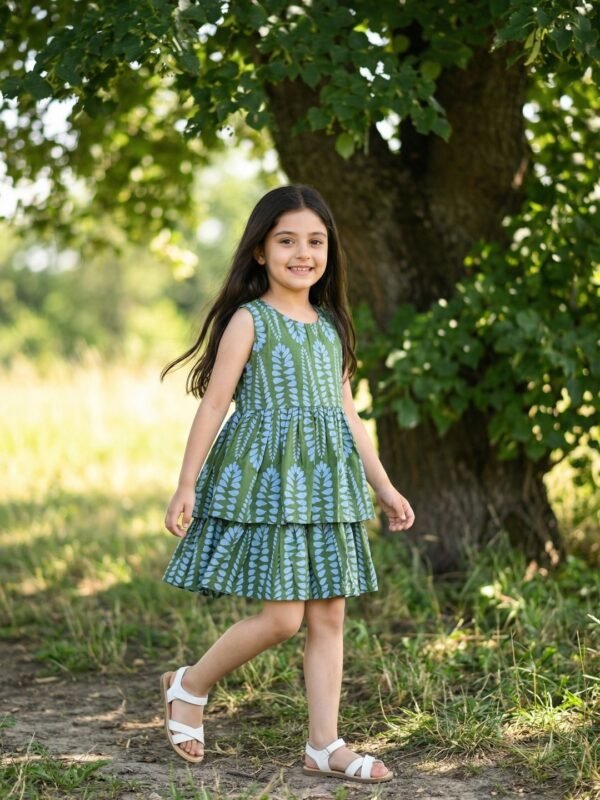 Girls Organic Cotton Poplin Sleevless All Over Print Dress - Green - Image 4