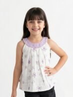 Girls Organic Cotton Dobby Sleevless Sealife Outline Embroidered & Checks Top - White
