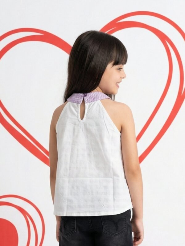 Girls Organic Cotton Dobby Sleevless Sealife Outline Embroidered & Checks Top - White - Image 2
