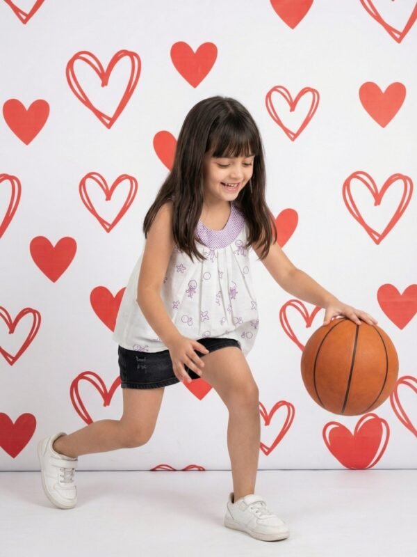 Girls Organic Cotton Dobby Sleevless Sealife Outline Embroidered & Checks Top - White - Image 4