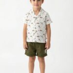 Boys Organic Cotton Poplin Short Sleeve Surfing All Over Print Shirt & Shorts Set - White & Green
