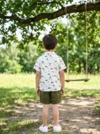 Boys Organic Cotton Poplin Short Sleeve Surfing All Over Print Shirt & Shorts Set - White & Green - Image 2