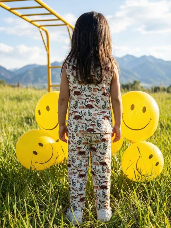 Girls Single Jersey Sleevless All Over Print Top  & Shorts - White & Green - Image 2
