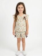 Girls Organic Cotton Single Jersey Sleevless All Over Print Top & Gathered Shorts - White & Green