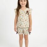 Girls Organic Cotton Single Jersey Sleevless All Over Print Top & Gathered Shorts - White & Green