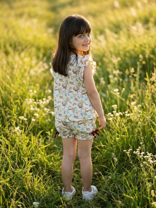 Girls Organic Cotton Single Jersey Sleevless All Over Print Top & Gathered Shorts - White & Green - Image 2