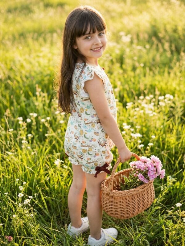 Girls Organic Cotton Single Jersey Sleevless All Over Print Top & Gathered Shorts - White & Green - Image 3