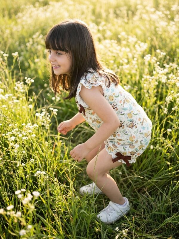 Girls Organic Cotton Single Jersey Sleevless All Over Print Top & Gathered Shorts - White & Green - Image 4