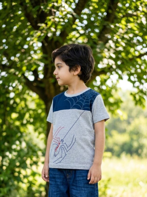 Boys Organic Cotton Single Jersey Short Sleeve Spider Print T-Shirt - Blue - Image 3