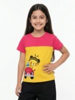 Girls Organic Cotton Interlock Short Sleeve Bee On Car Applique T-Shirt - Yellow
