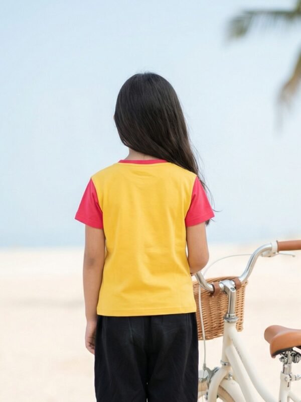 Girls Organic Cotton Interlock Short Sleeve Bee On Car Applique T-Shirt - Yellow - Image 2