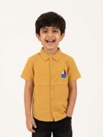 Boys Organic Cotton Seer sucker Short Sleeve Boat Embroidered Applique  Shirt - Yellow