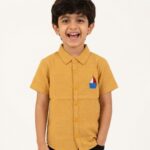 Boys Organic Cotton Seer sucker Short Sleeve Boat Embroidered Applique  Shirt - Yellow