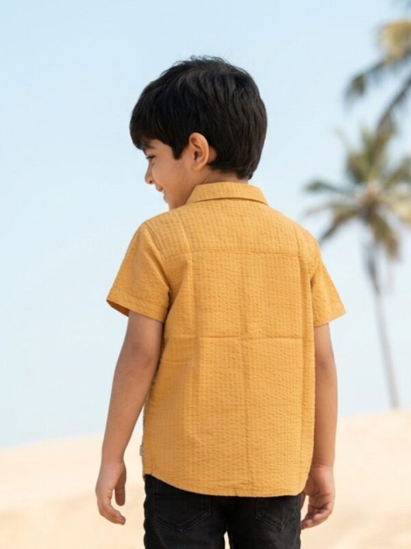 Boys Organic Cotton Seer sucker Short Sleeve Boat Embroidered Applique  Shirt - Yellow - Image 2