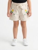 Girls Organic Cotton Drill Knee Length Floral Embroidered Pocket Shorts - Beige